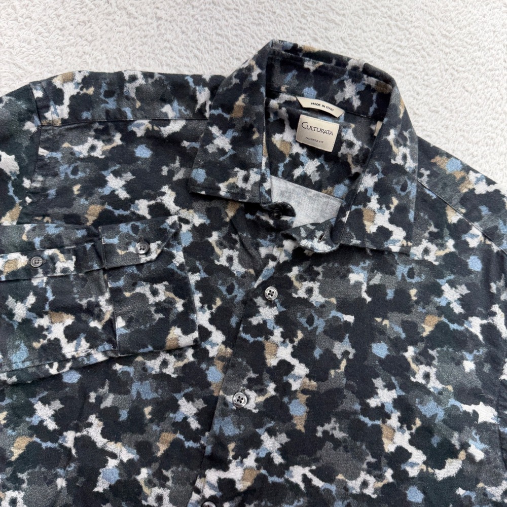 Culturata Tailored Fit Mens Shirt Blue Grey Abstract Camo Made in Italy Size L